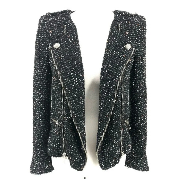 ZARA Divine Fantasy Black Tweed Boucle Moto Style Jacket Size: Medium "N… - Picture 2 of 11